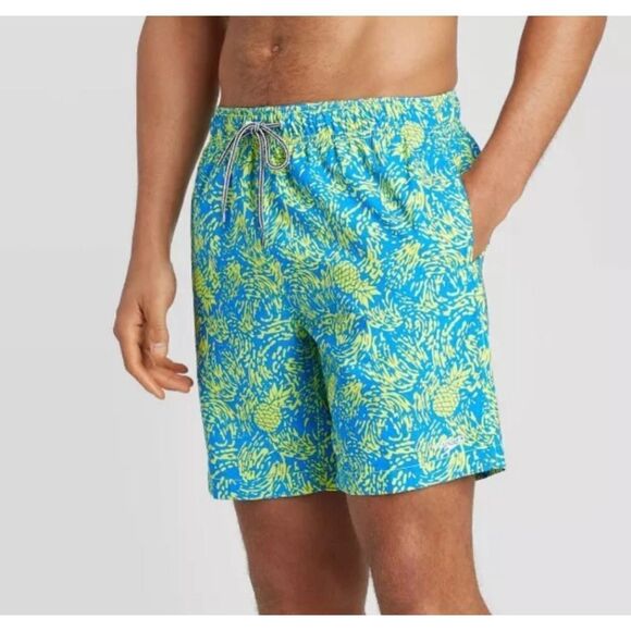 Mens‎ Speedo Swim Suit Trunks Shorts Lined Size Small Blue Yellow Pineapple - Picture 1 of 7